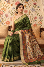 Green Cotton Printed And Woven Border Saree