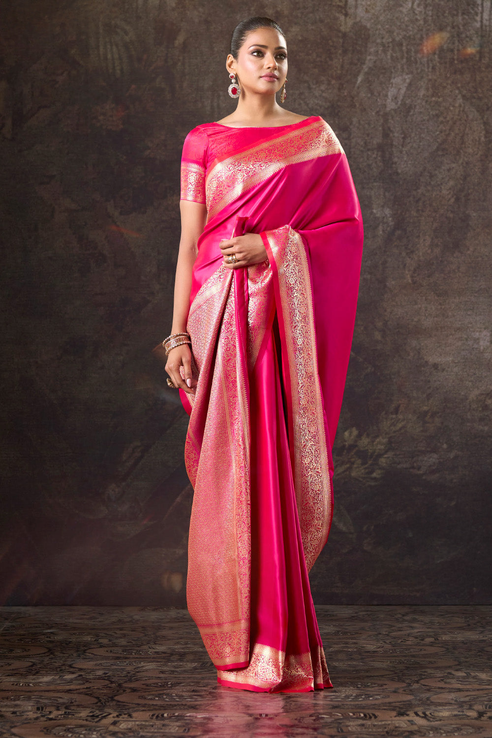 Dark Hot Pink Satin Silk Woven Saree