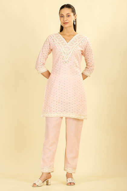 Pink Cotton Hacoba Style Neck-Embroidered Kurta Set