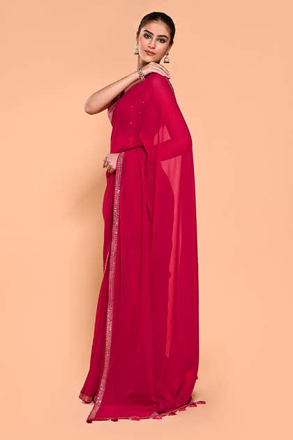 Valentine Red Color Georgette Saree With Readymade Blouse