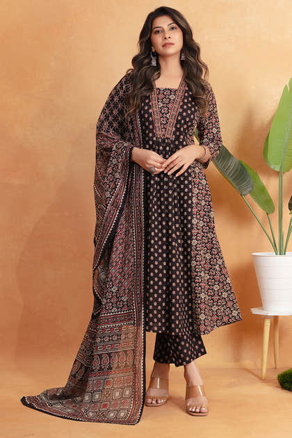 Black Ajrakh Printed Cotton Anarkali Suit