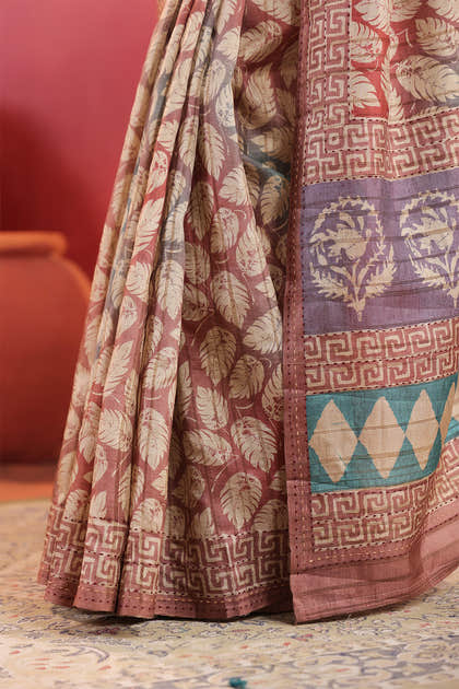 Rust Tussar Silk Printed Saree