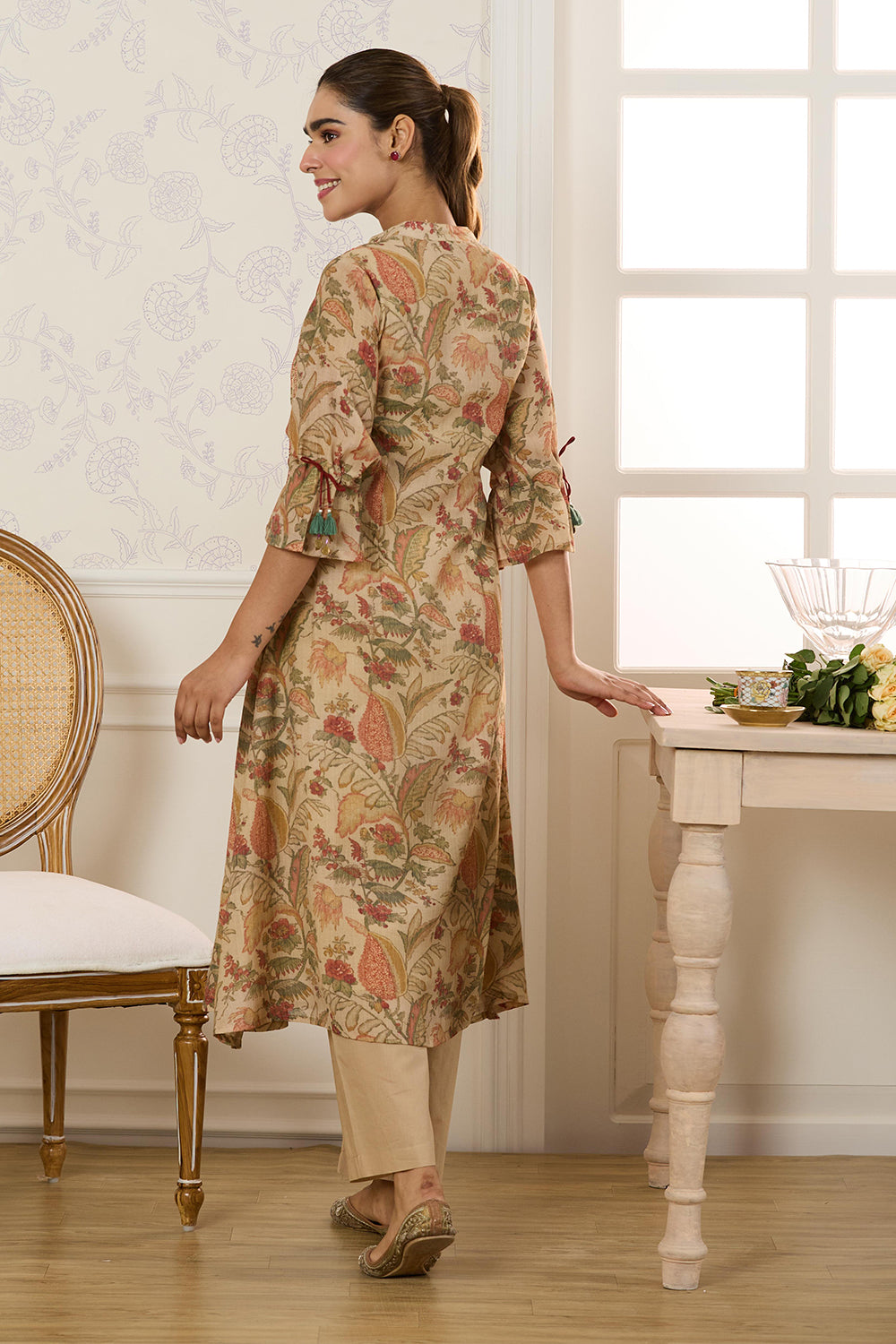 Beige Chanderi Silk Floral Printed Kurta Set
