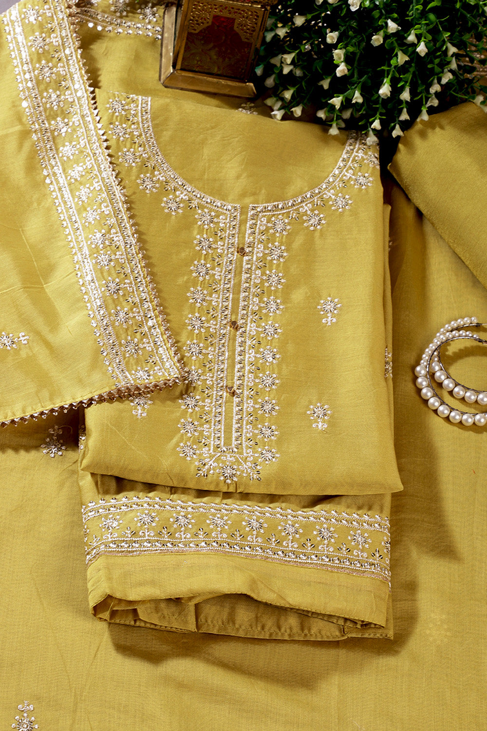Mindaro Green Chanderi Silk Resham Embroidered Unstitched Suit Material