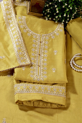 Mindaro Green Chanderi Silk Resham Embroidered Unstitched Suit Material