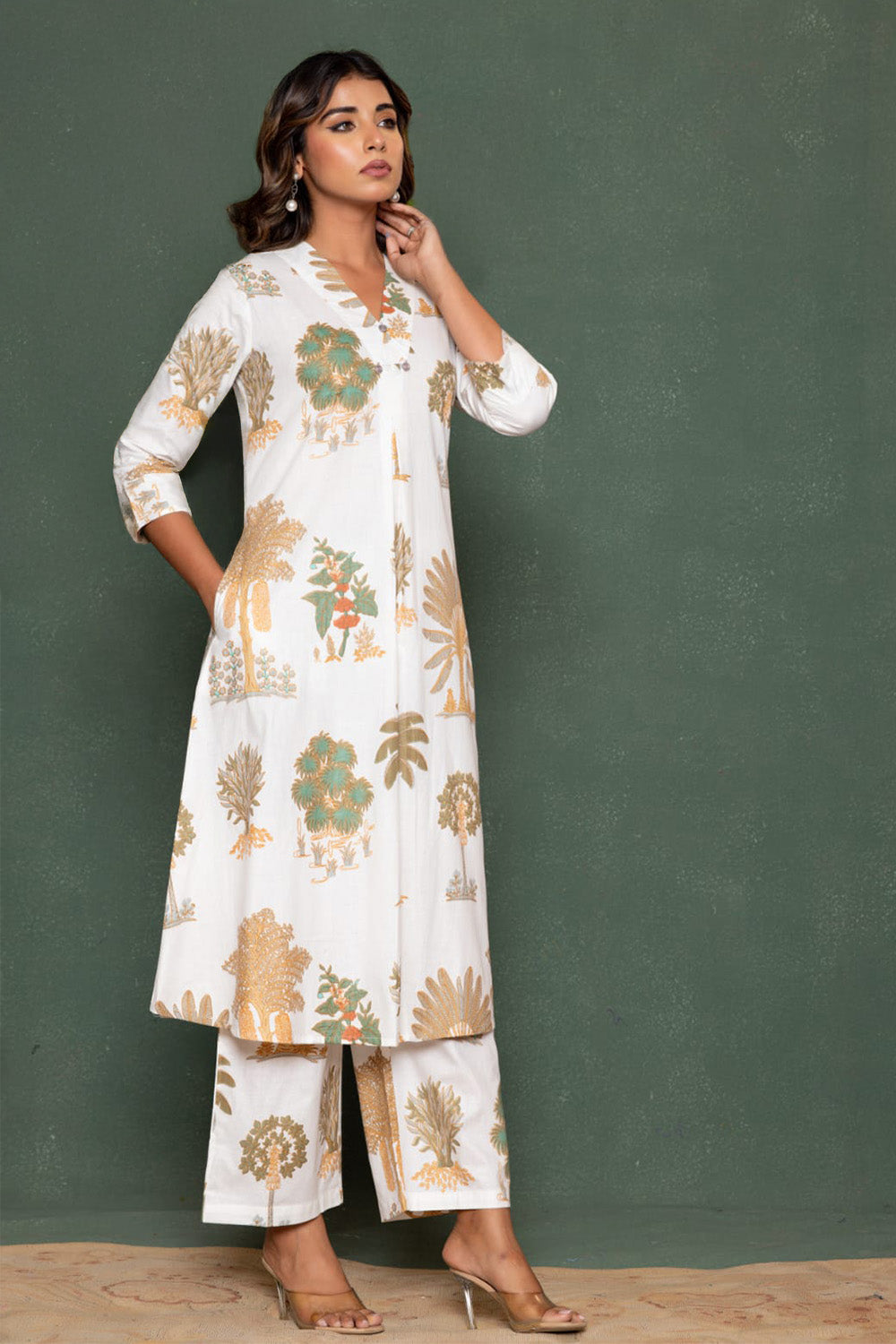 White Botanical Printed Cotton Kurta Set