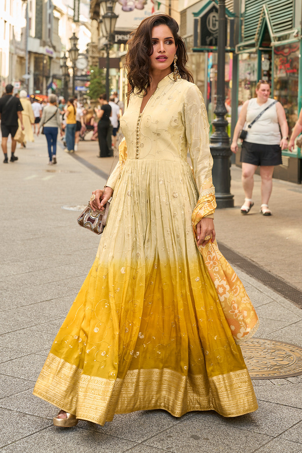 Cream & Mustard Ombre Embroidered Anarkali Suit