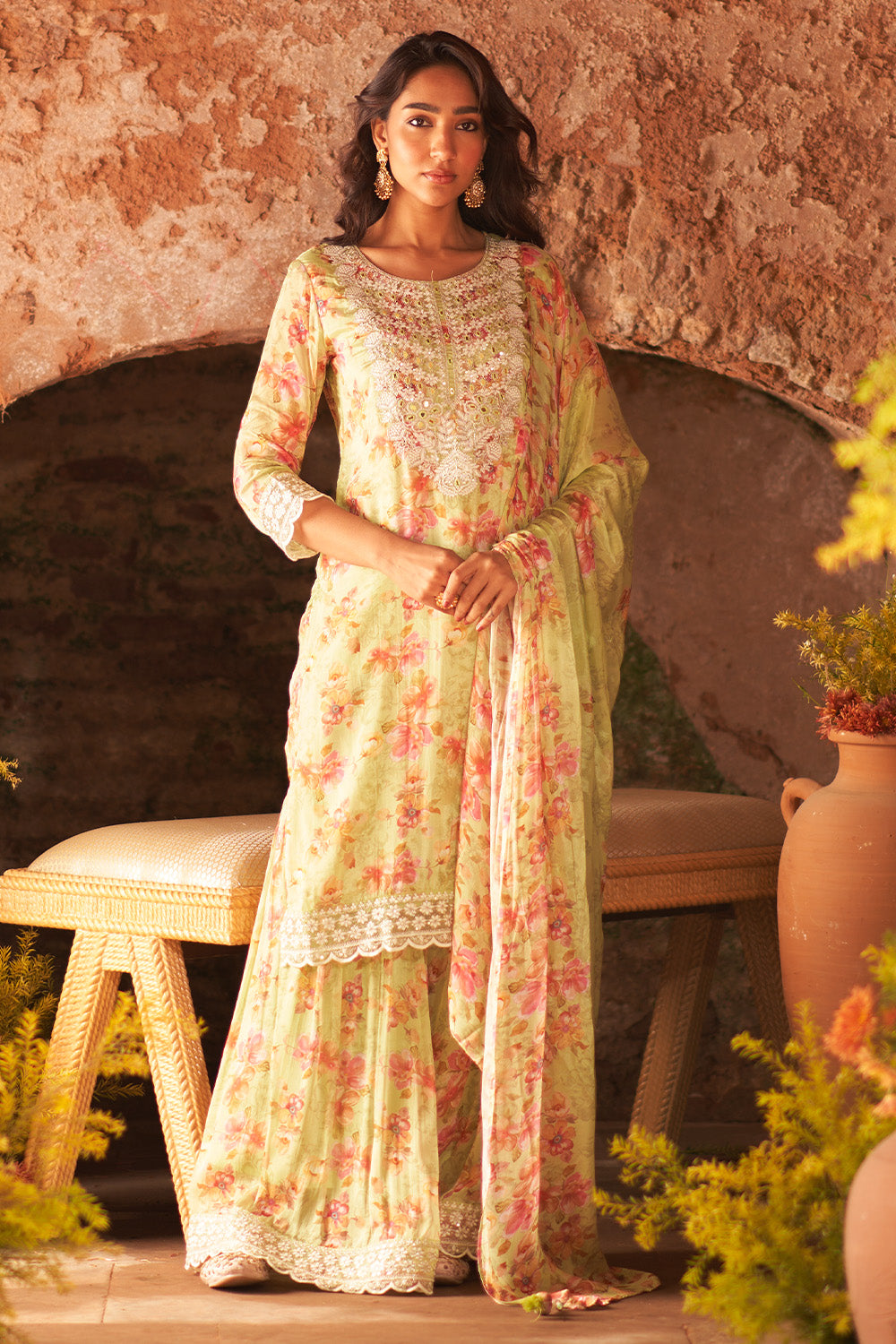 Parrot Green Color Crepe Silk Embroidered &amp; Floral Printed Suit with Gharara