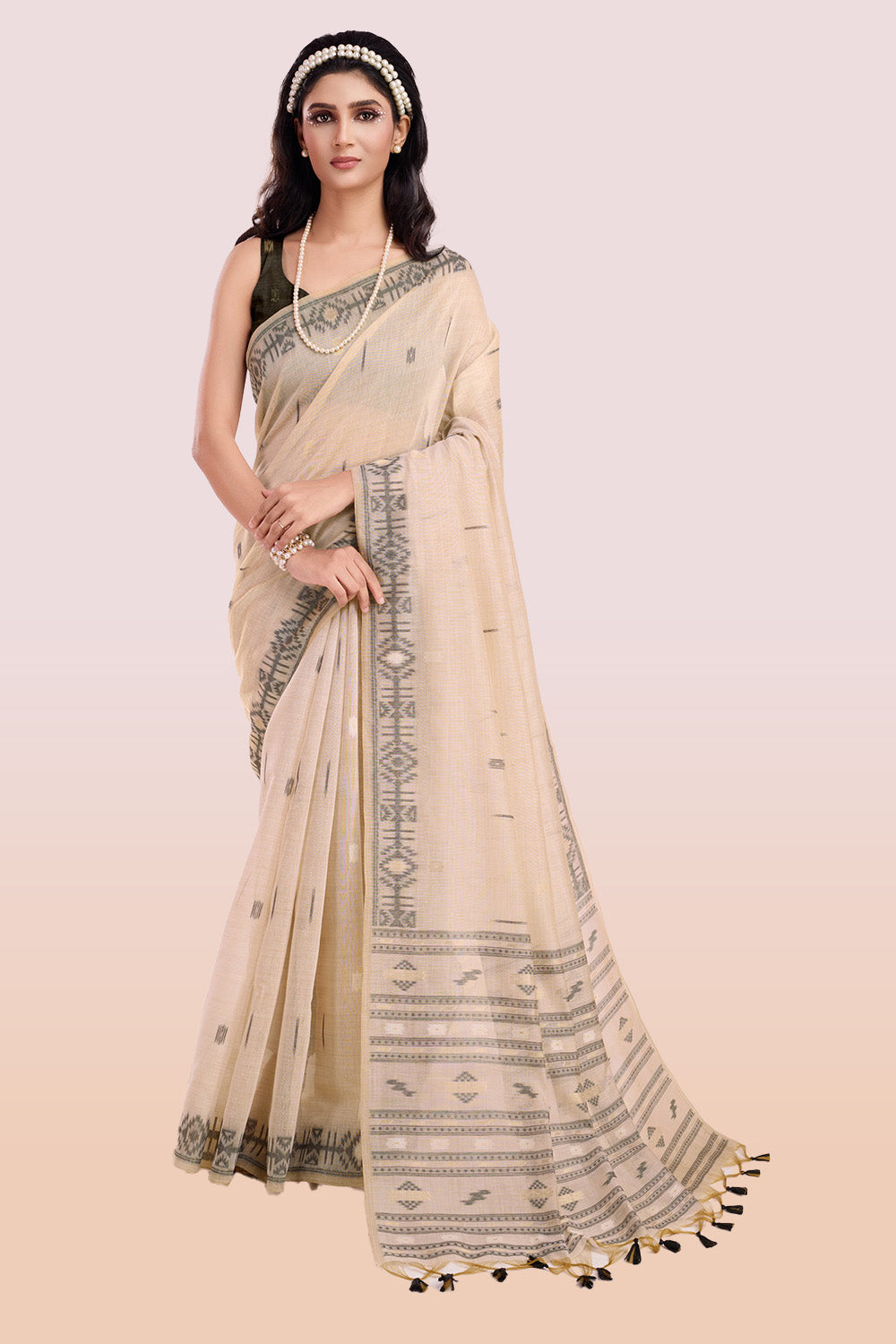 Cream & Black Colour Resham Woven Cotton Saree