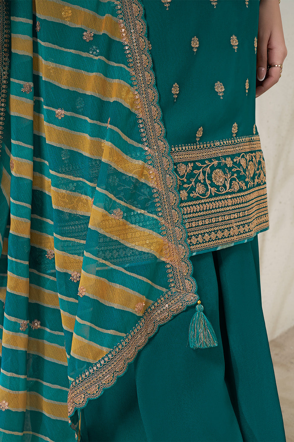 Teal Crepe Silk Embroidered Suit With Palazzo