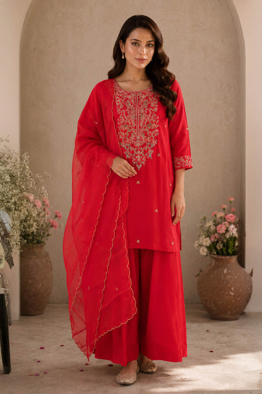 Carmine Silk Neck-Embroidered Suit With Pallazo