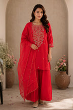 Carmine Silk Neck-Embroidered Suit With Pallazo