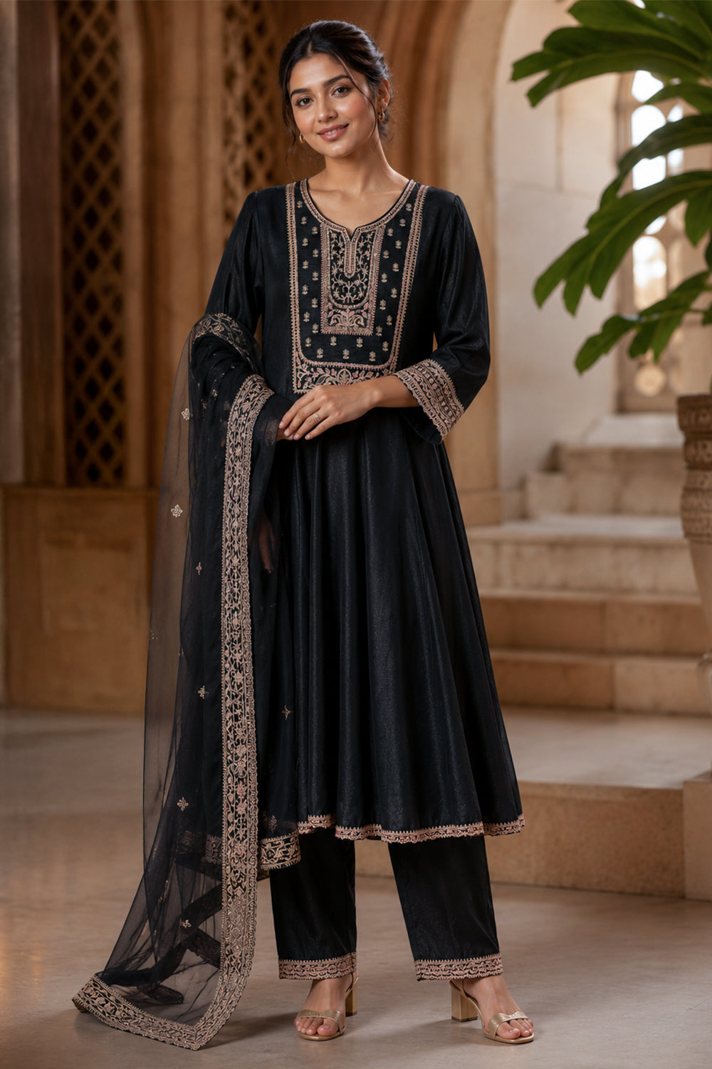 Black Crepe Silk Zari and Sequins Embroidered Anarkali Suit
