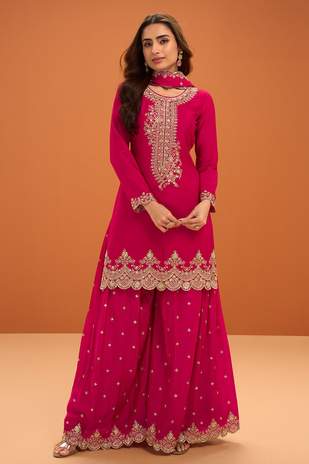 Rani Zari and Sequins Embroidered Crepe Silk Suit With Embroidered Palazzo