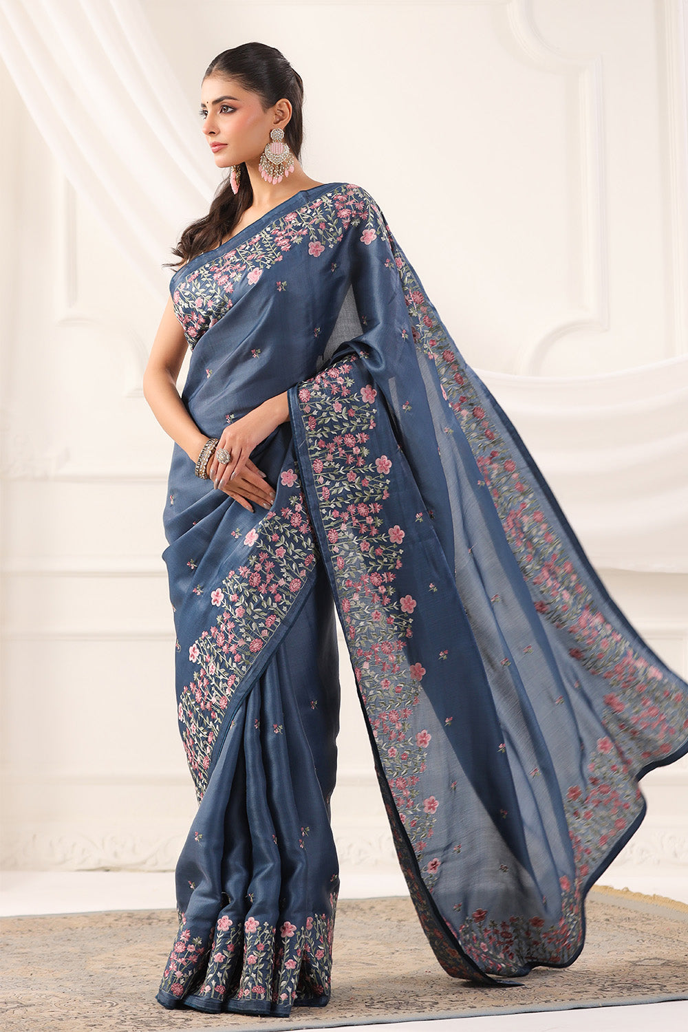Greyish Blue Tussar Silk Resham Floral Embroidered Saree