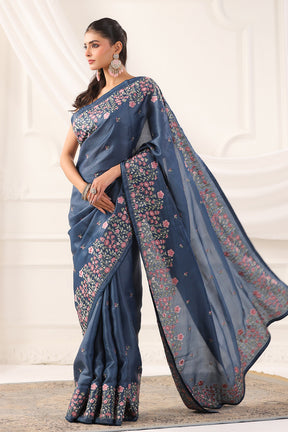 Greyish Blue Tussar Silk Resham Floral Embroidered Saree