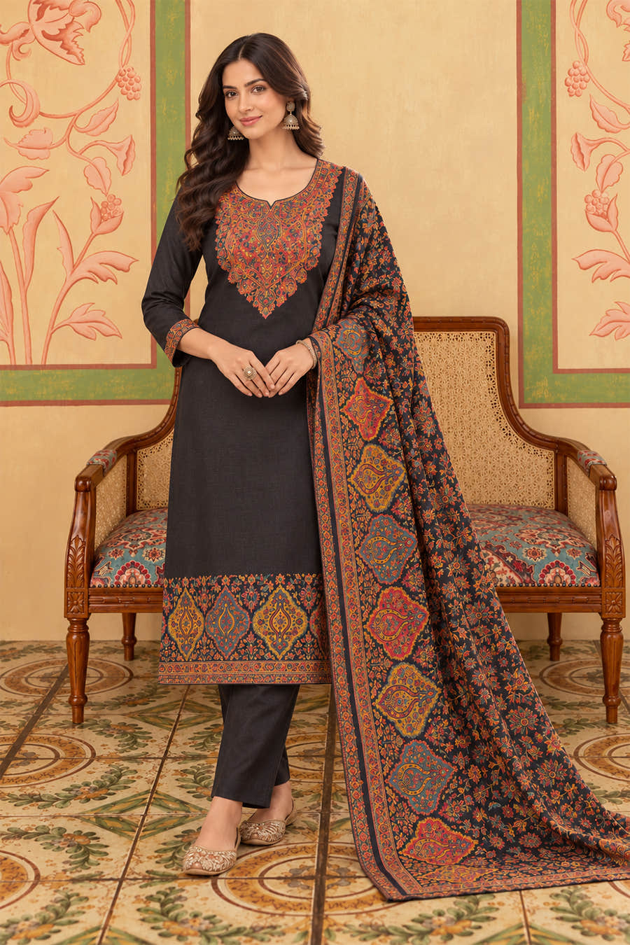 Black Pashmina Resham Woven Unstitched Suit Material