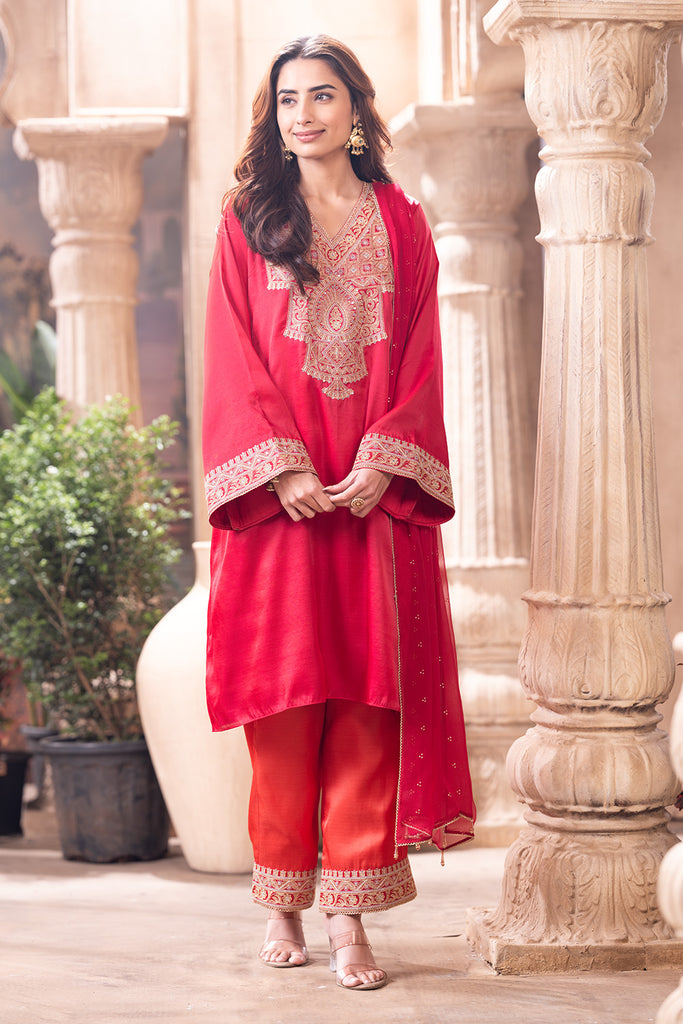 Cherry Red Zari & Sequins Embroidered Silk Suit