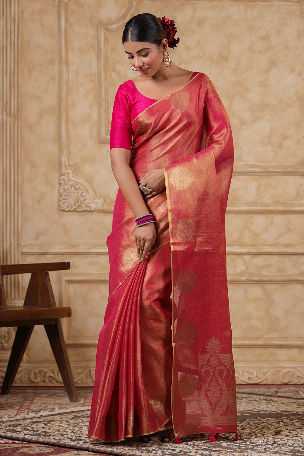 Fuchsia Pink Color Organza Cotton Golden Zari Woven Saree