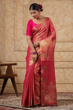 Fuchsia Pink Color Organza Cotton Golden Zari Woven Saree