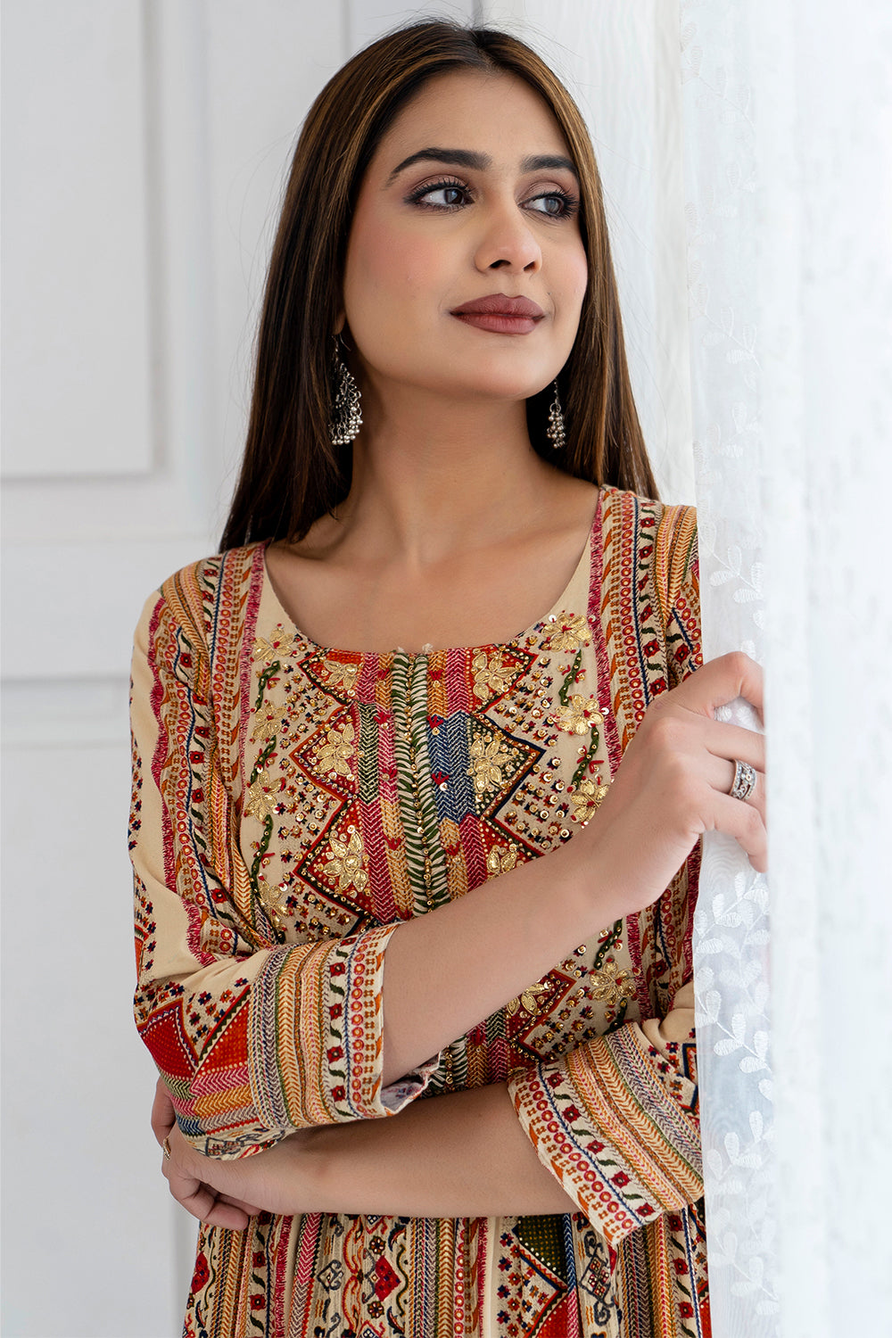 Beige Color Cotton Embroidered Anarkali Kurta