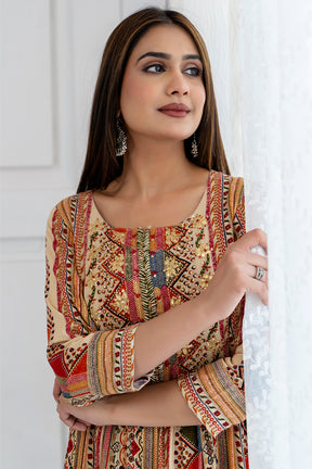 Beige Color Cotton Embroidered Anarkali Kurta