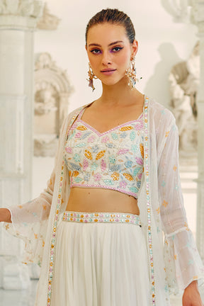 Cream Colour Georgette Embroidered Crop-Top Kurta and Palazzo Set With Shrugs