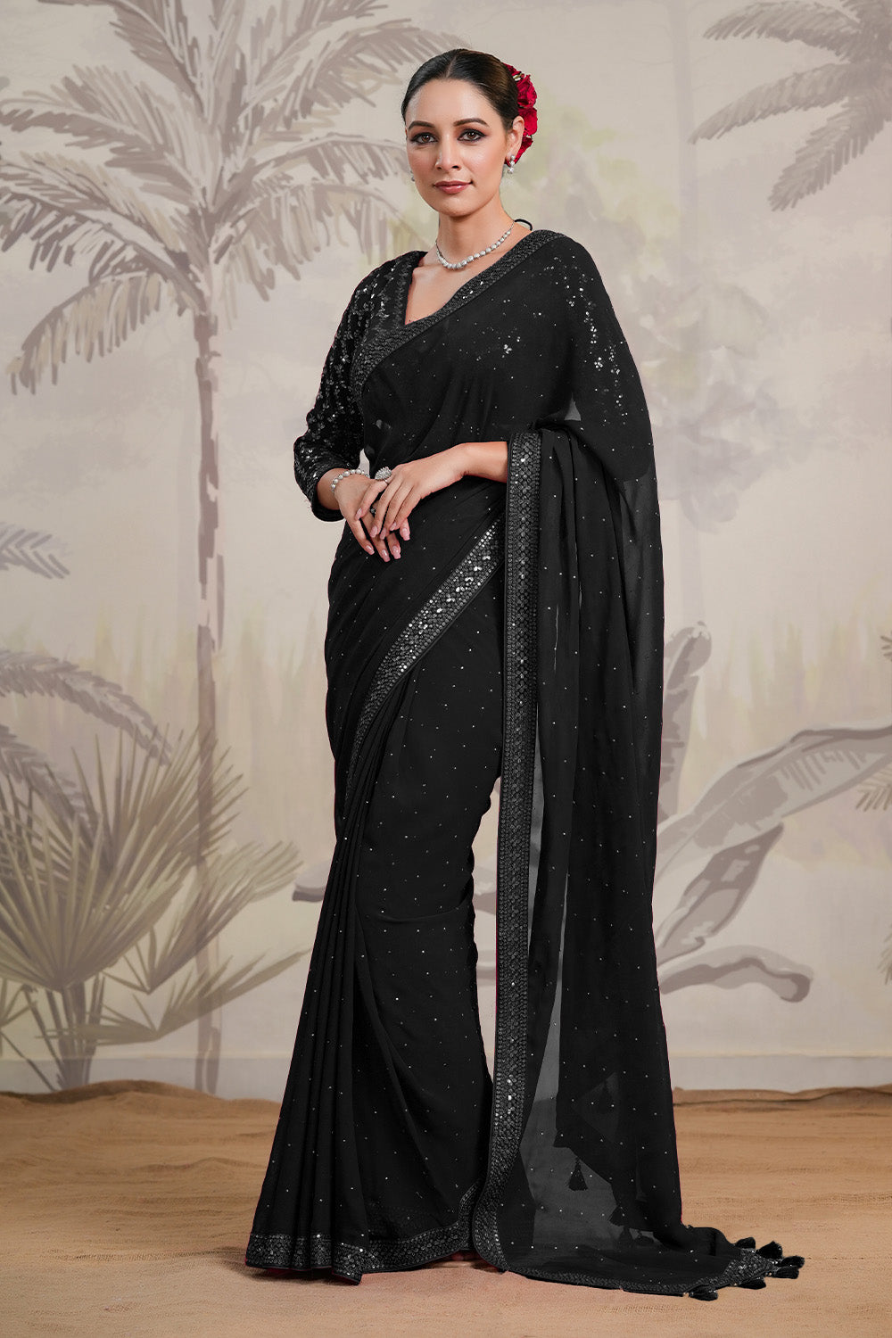 Black Color Swarovski Work Georgette Saree