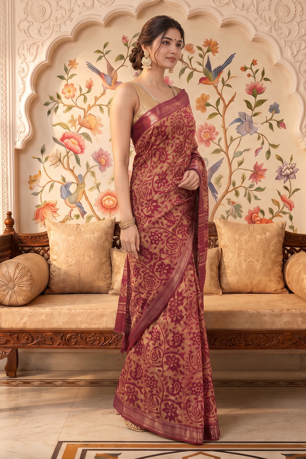 Red And Beige Cotton Printed And Woven Border Saree
