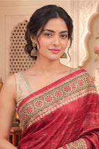 Deep Cherry Tussar Silk Printed And Zari Taar Woven Saree