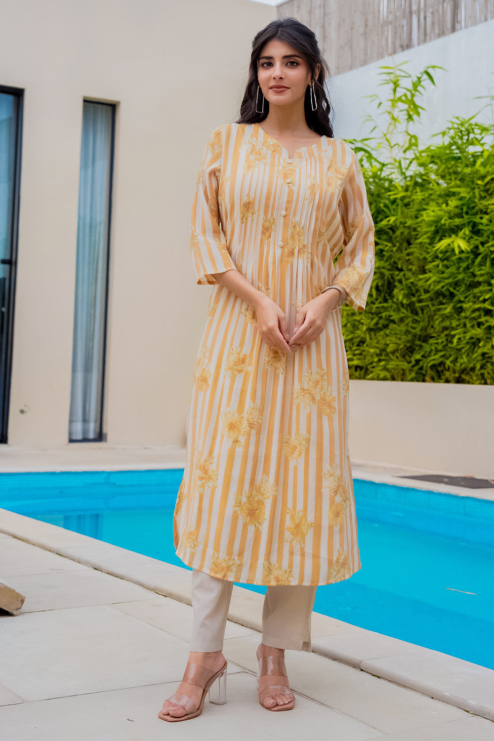 Mustard Muslin Floral Printed Kurta Set