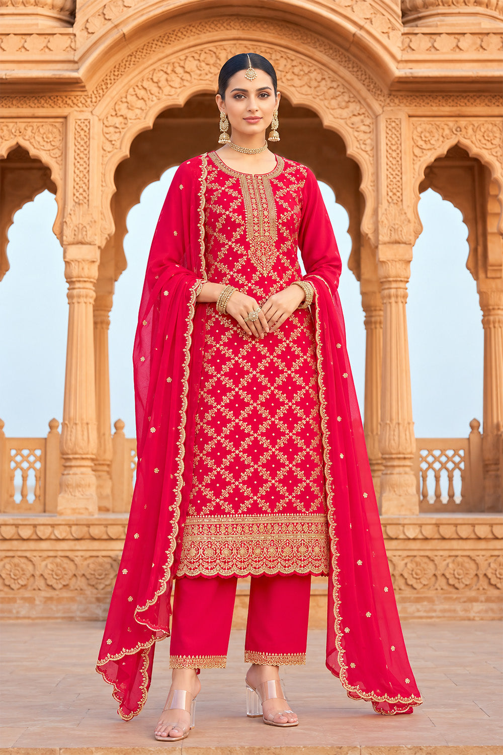 Red Crepe Silk Zari Woven And Embroidered Unstiched Suit Material