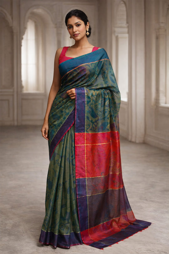 Green Chanderi Cotton Printes Saree
