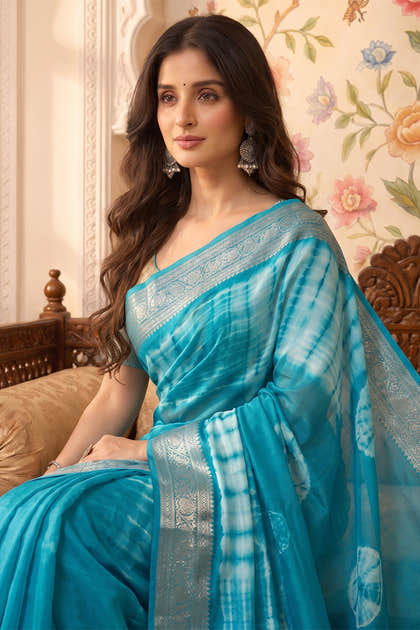 Turquoise Georgette Shibori Printed Saree
