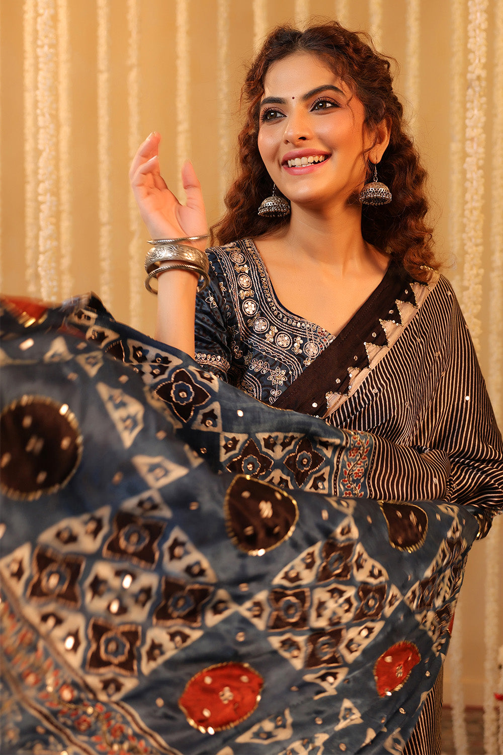 Black & Blue Pure Mulberry Silk Printed And Embroidered Saree