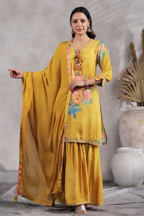 Mustard Color Muslin Floral Printed Suit With Sharara