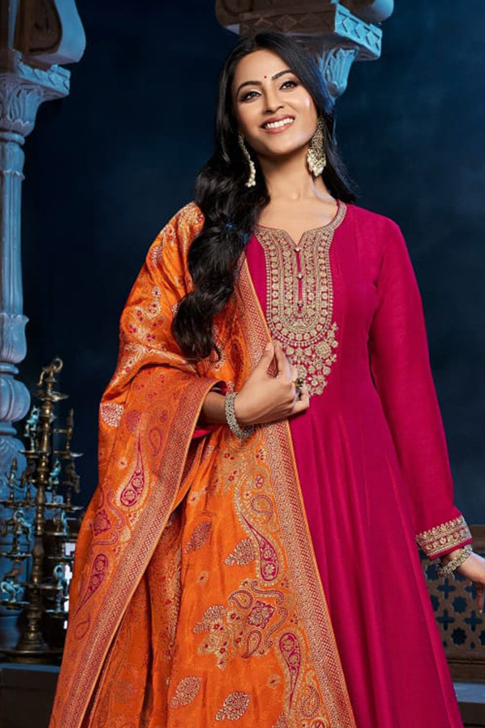 Fuchsia Pink Color Anarkali Embroidered Silk Suit