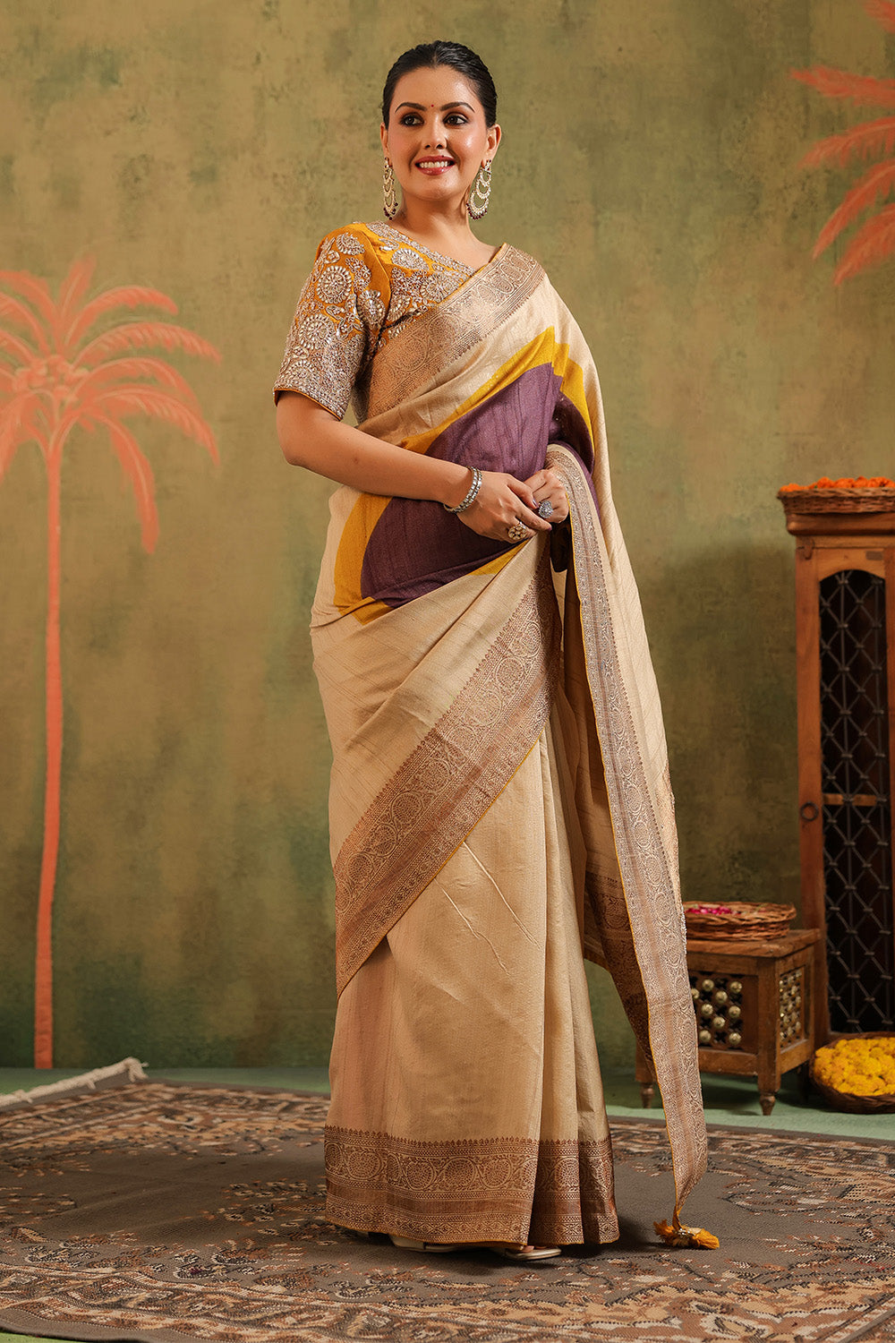 Beige & Mustard Pure Tussar Silk Woven And Embroidered Saree