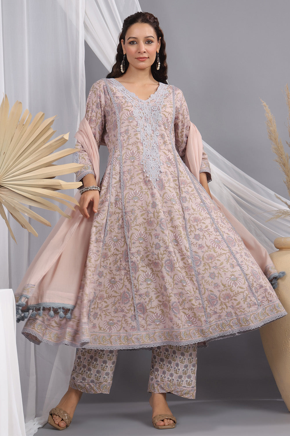 Dusty Peach Color Floral Printed & Lace Work Anarkali Suit