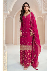 Fuchsia Pink Color Georgette Embroidered Unstitched Suit Material With Readymade Woven Palazzo