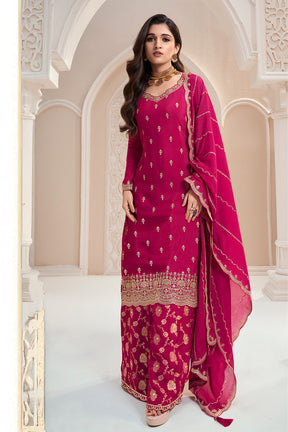 Fuchsia Pink Color Georgette Embroidered Unstitched Suit Material With Readymade Woven Palazzo