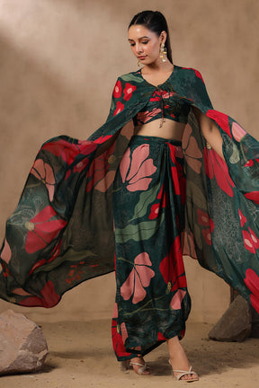 Bottle Green Color Printed Crepe Crop-Top with Shrug and Dhoti Style Skirt