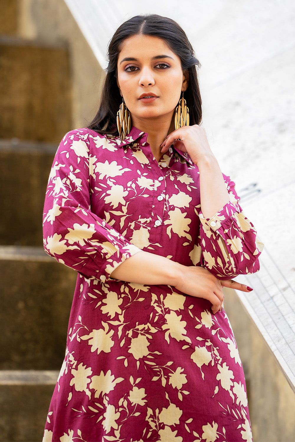 Wine Floral Vine Printed  Cotton Kurta Set