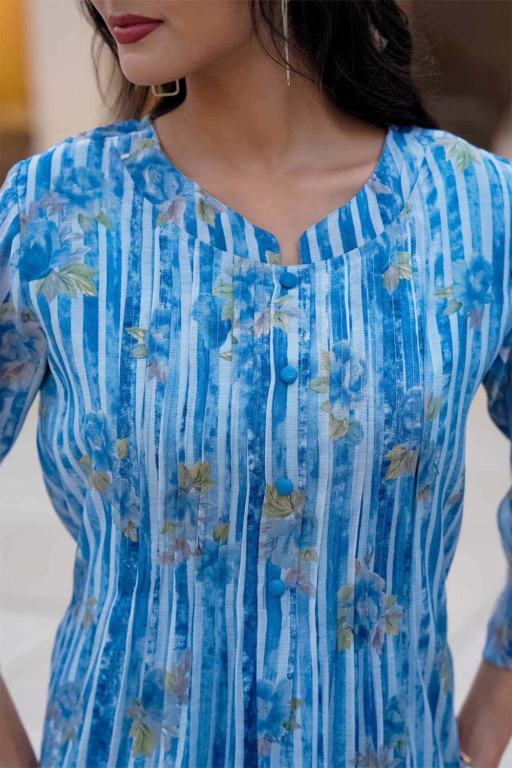 Blue Floral Printed Muslin Kurta Set