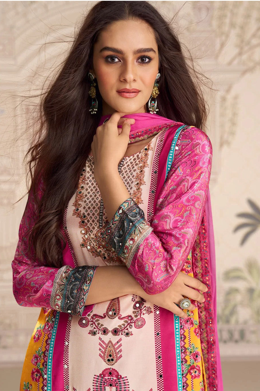 Magenta Crepe Silk Mirror And Swarovski Embroidered Printed Suit With Gharara