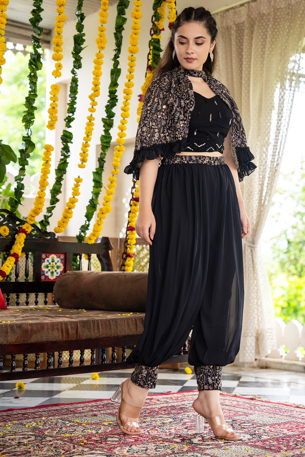 Black Color Georgette Embroidered Crop-top Set With Jacket