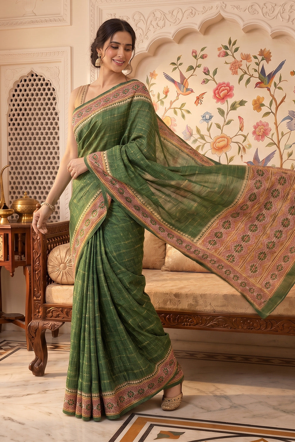 Green Tussar Silk Printed And Zari Taar Woven Saree