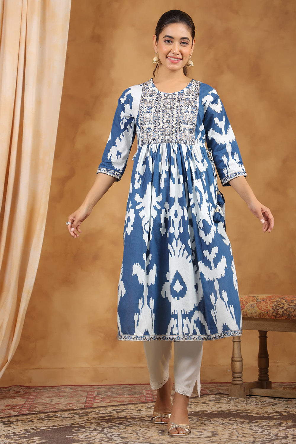 White & Blue Color Cotton Neck Embroidered Printed Kurti