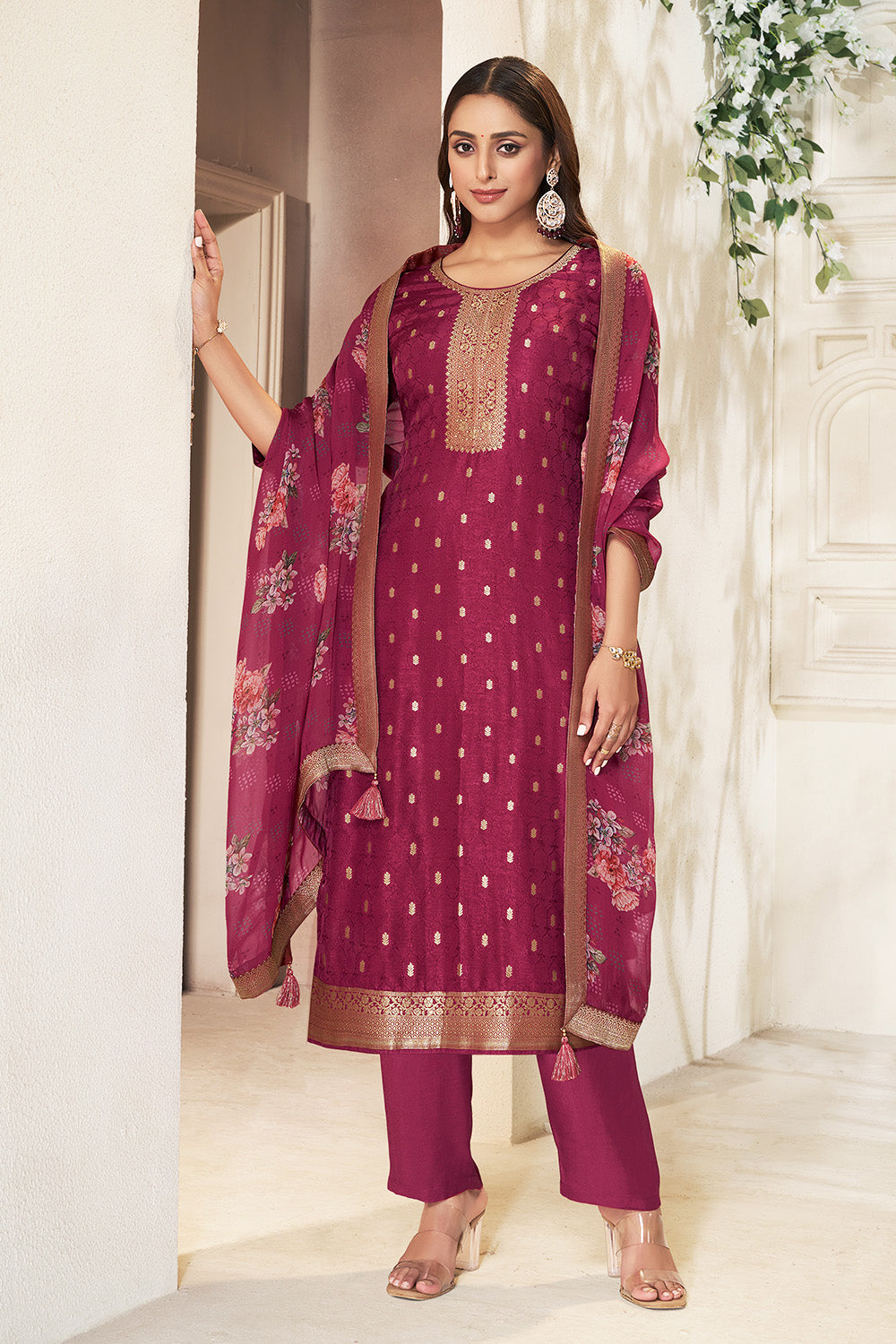 Maroon Color Silk Woven Straight Suit