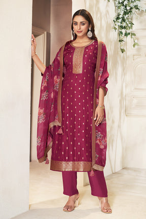 Maroon Color Silk Woven Straight Suit